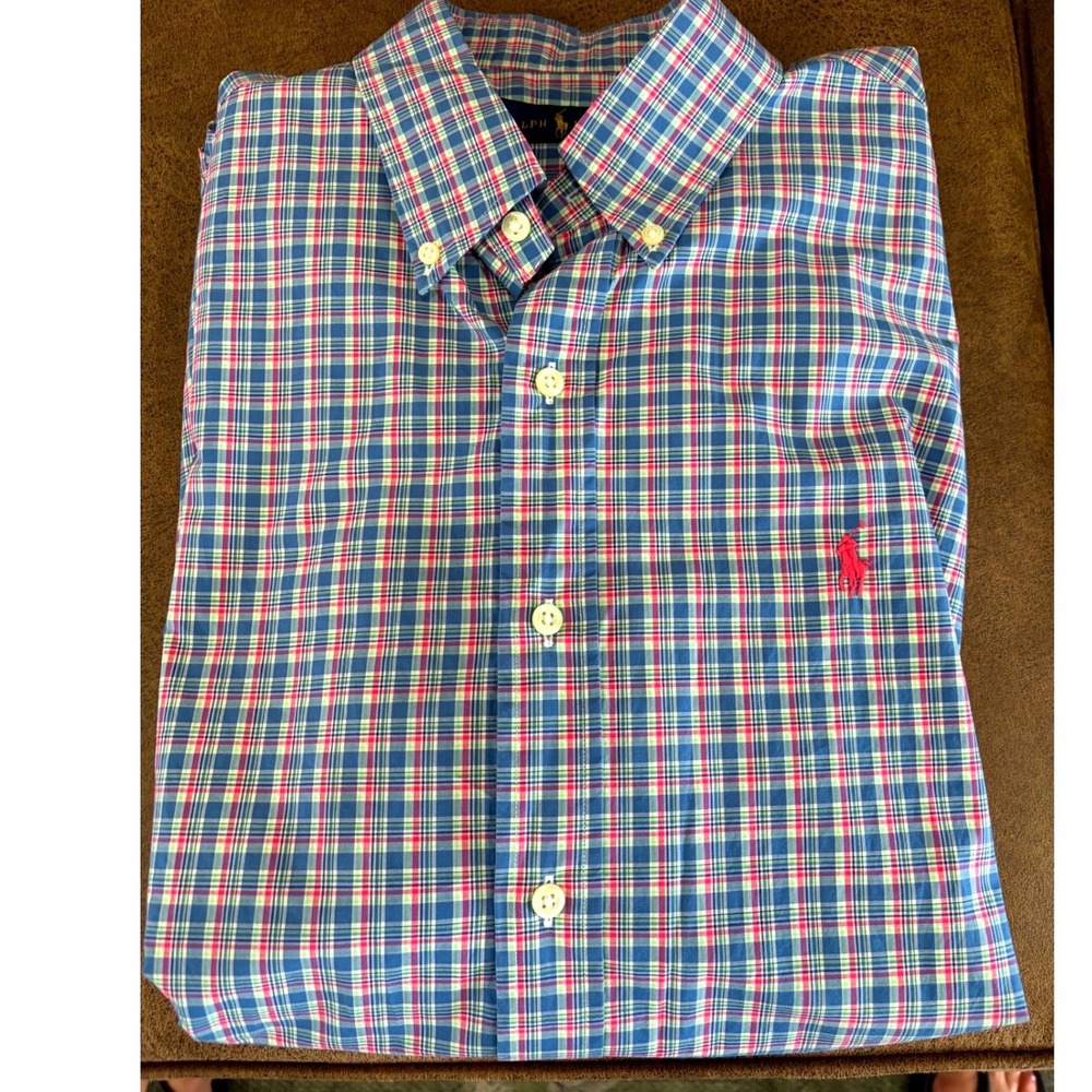 Ralph Lauren Mens Slim Fit Plaid Button Down Shirt Blue Pink Green Large‎ L